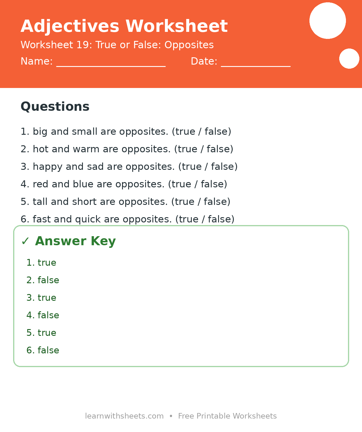 Printable adjectives worksheet 19: True or False: Opposites with questions and answer key