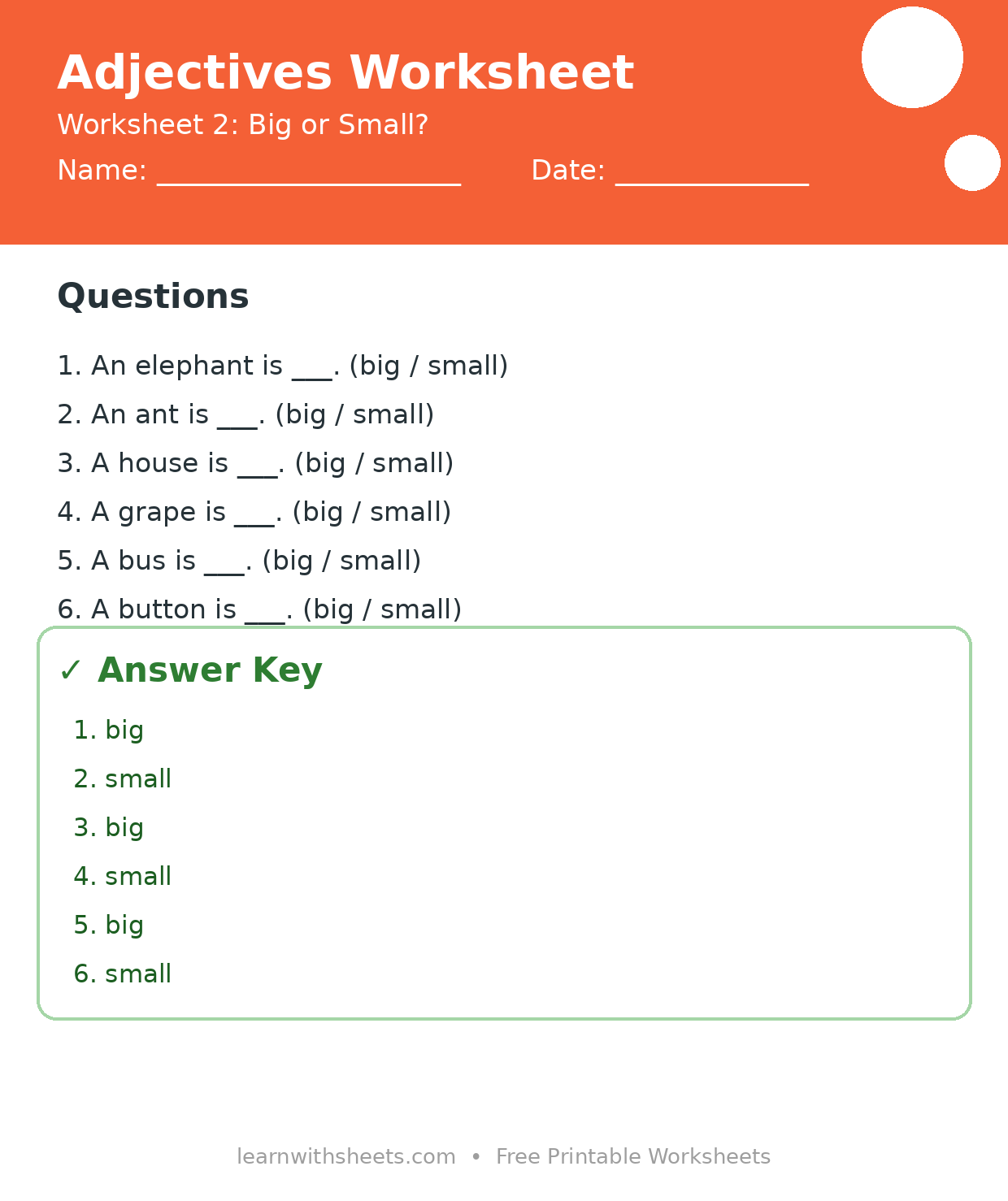 Printable adjectives worksheet 2: Big or Small? with questions and answer key