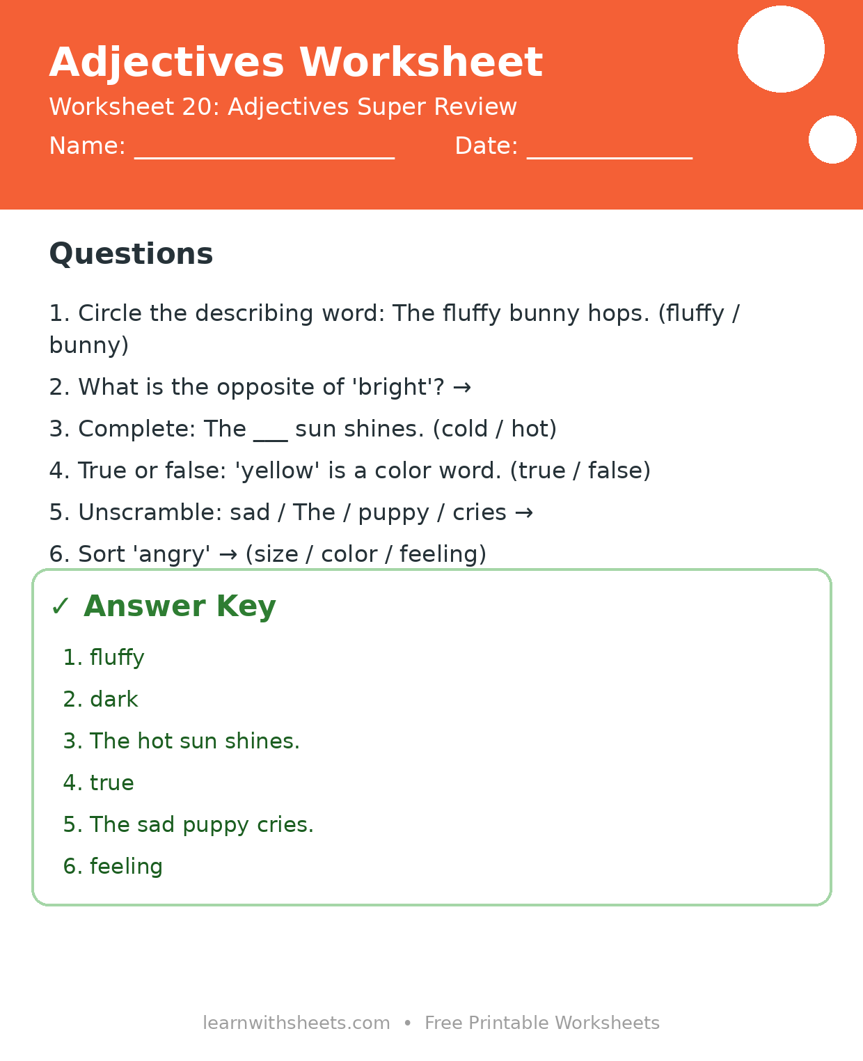 Printable adjectives worksheet 20: Adjectives Super Review with questions and answer key