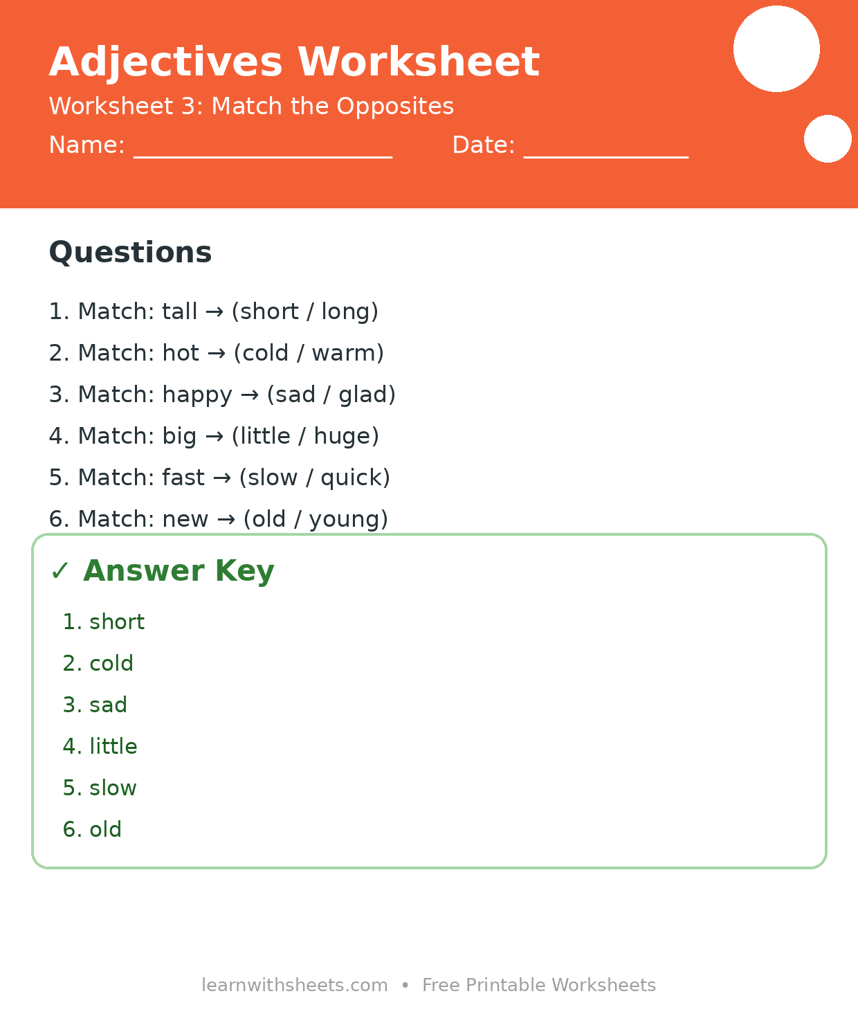 Printable adjectives worksheet 3: Match the Opposites with questions and answer key