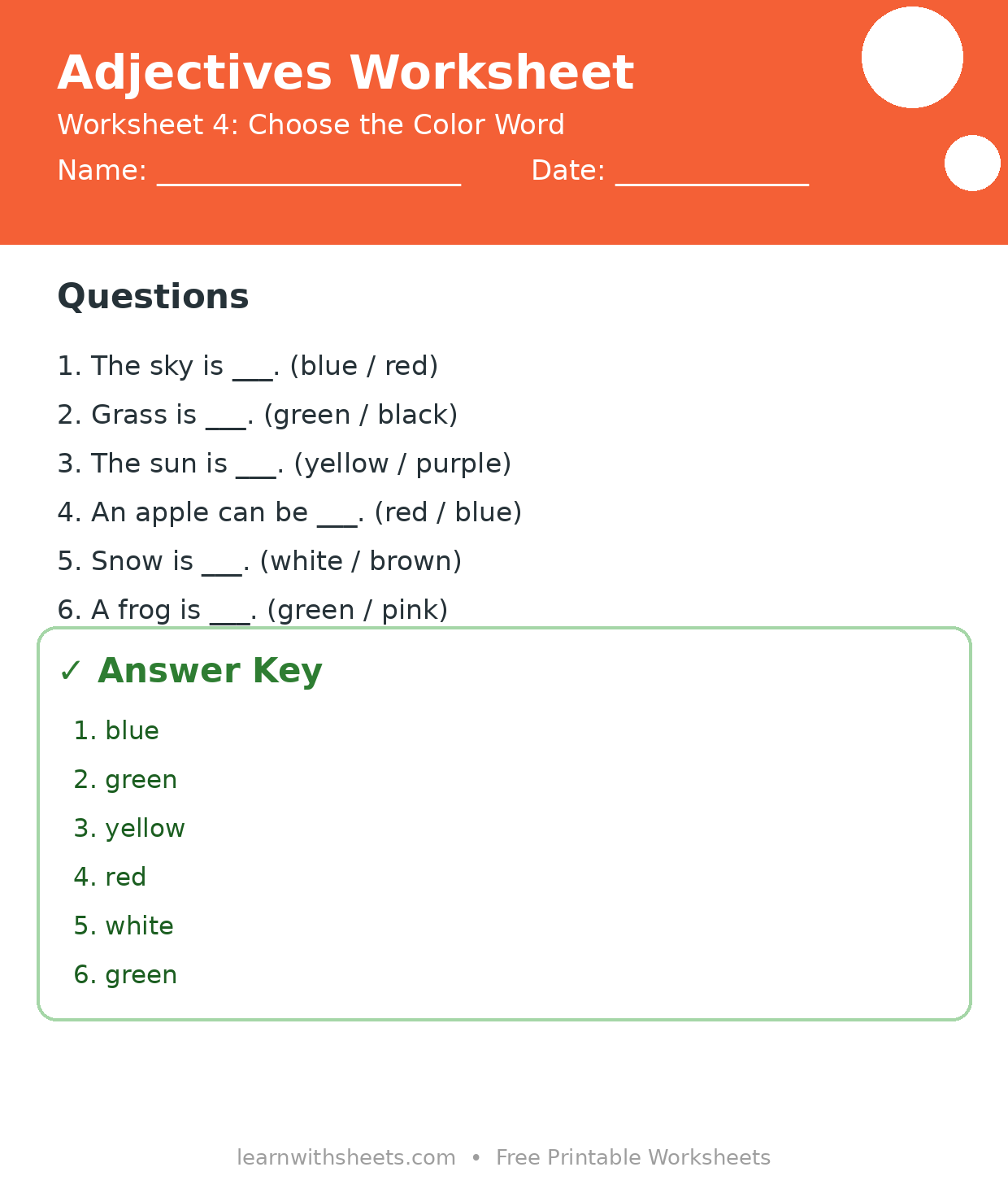 Printable adjectives worksheet 4: Choose the Color Word with questions and answer key