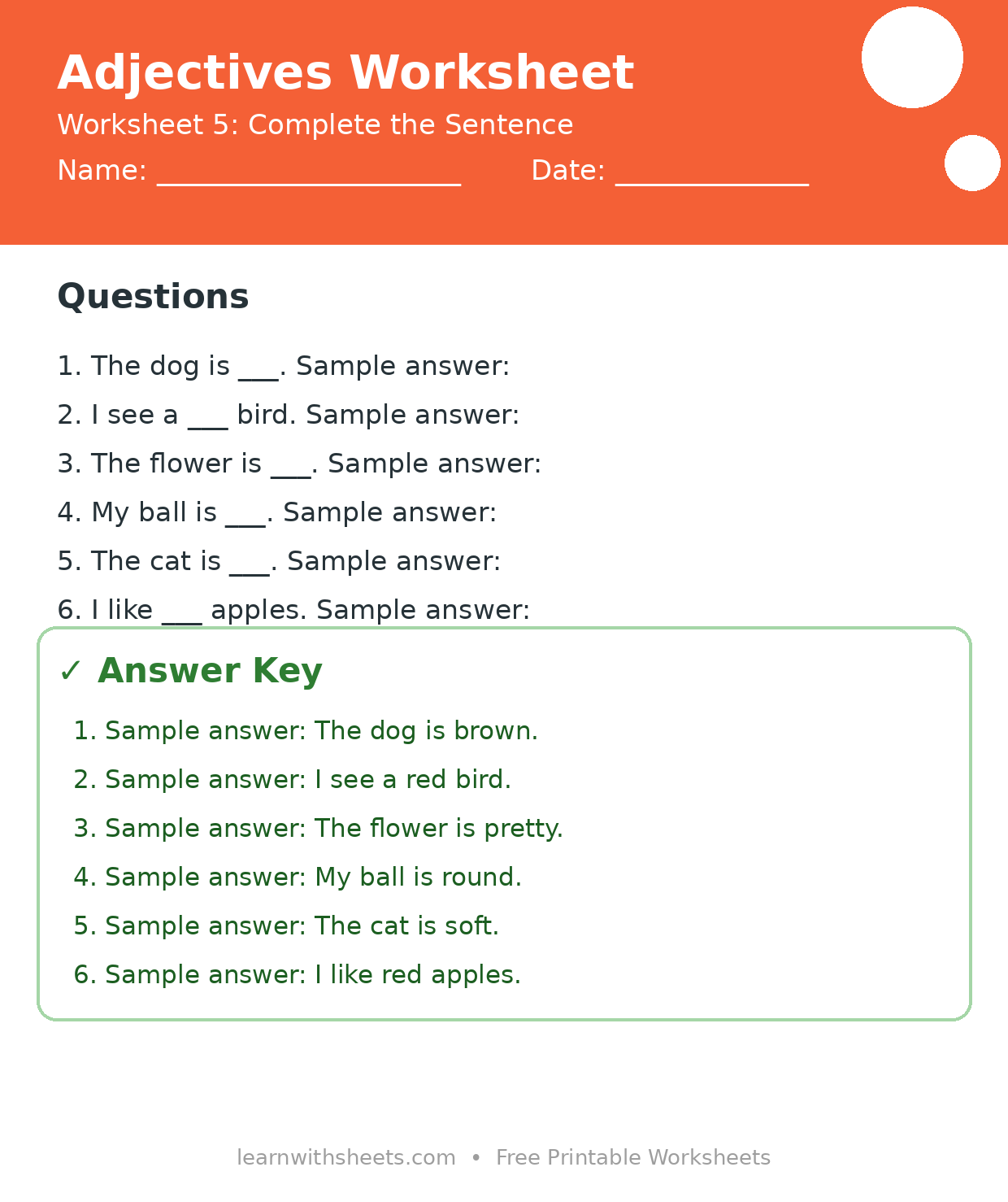 Printable adjectives worksheet 5: Complete the Sentence with questions and answer key