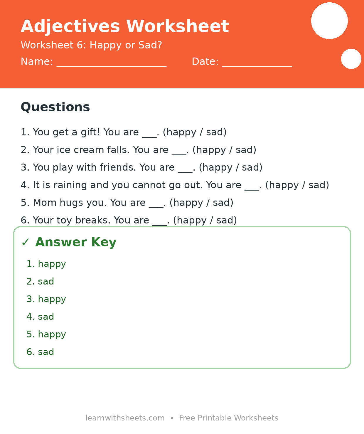 Printable adjectives worksheet 6: Happy or Sad? with questions and answer key