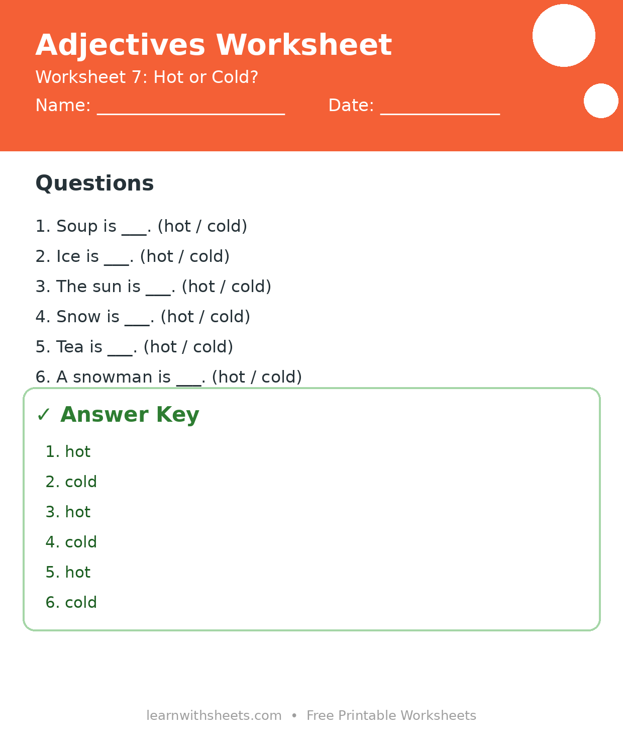 Printable adjectives worksheet 7: Hot or Cold? with questions and answer key