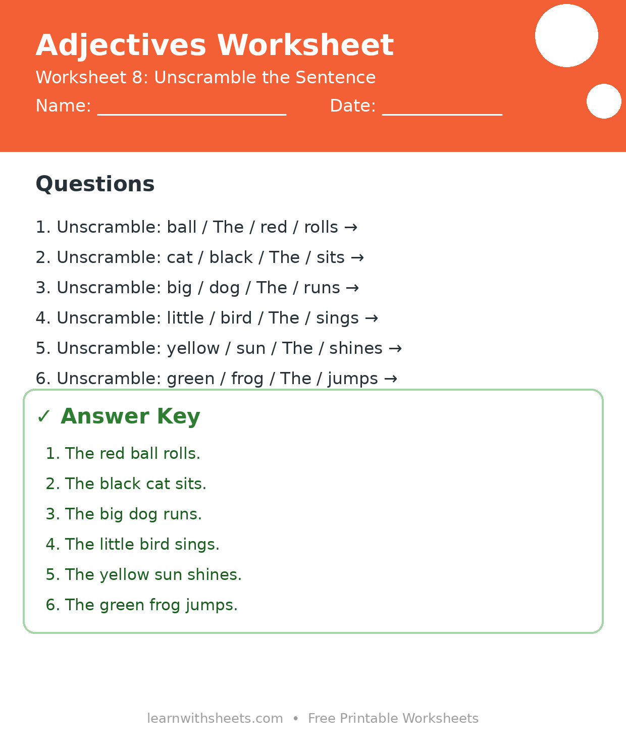 Printable adjectives worksheet 8: Unscramble the Sentence with questions and answer key