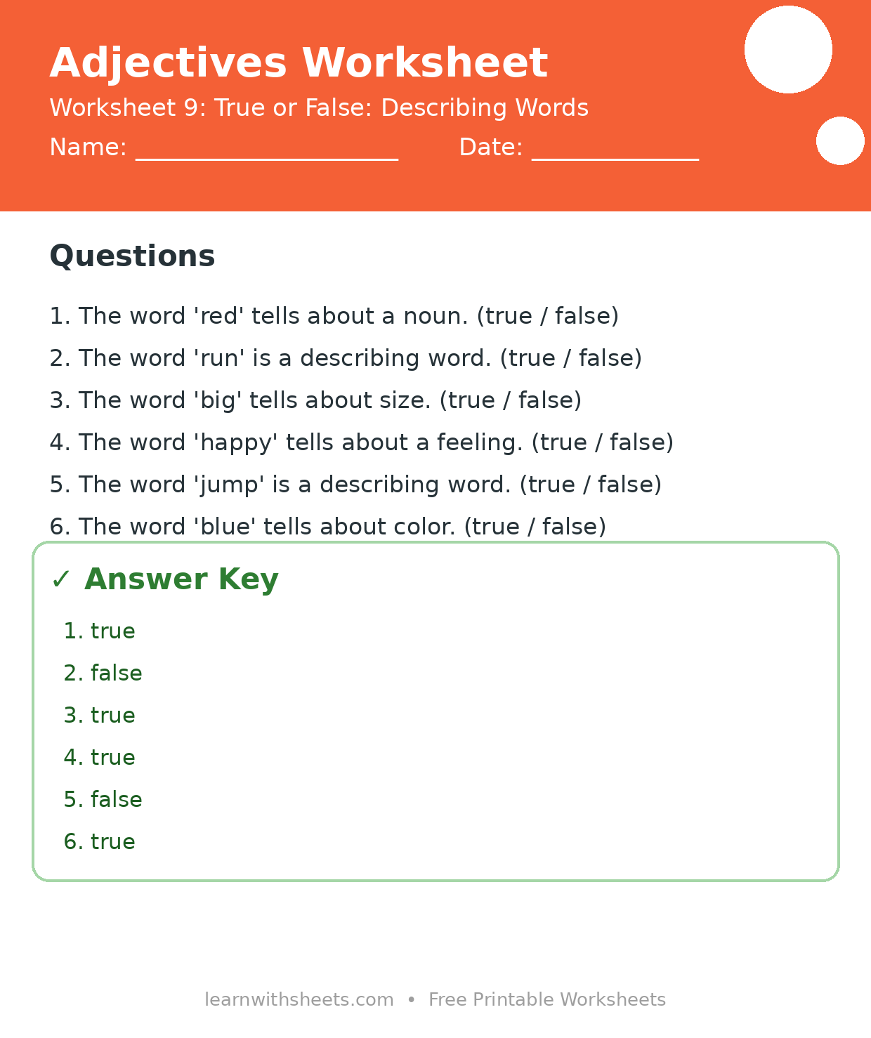 Printable adjectives worksheet 9: True or False: Describing Words with questions and answer key