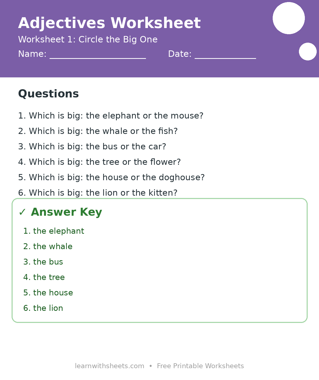 Printable adjectives worksheet 1: Circle the Big One with questions and answer key