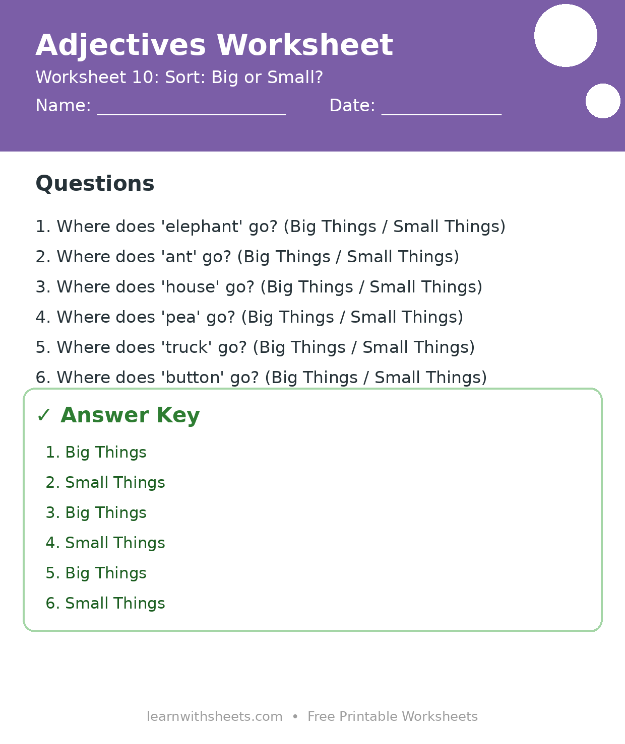 Printable adjectives worksheet 10: Sort: Big or Small? with questions and answer key