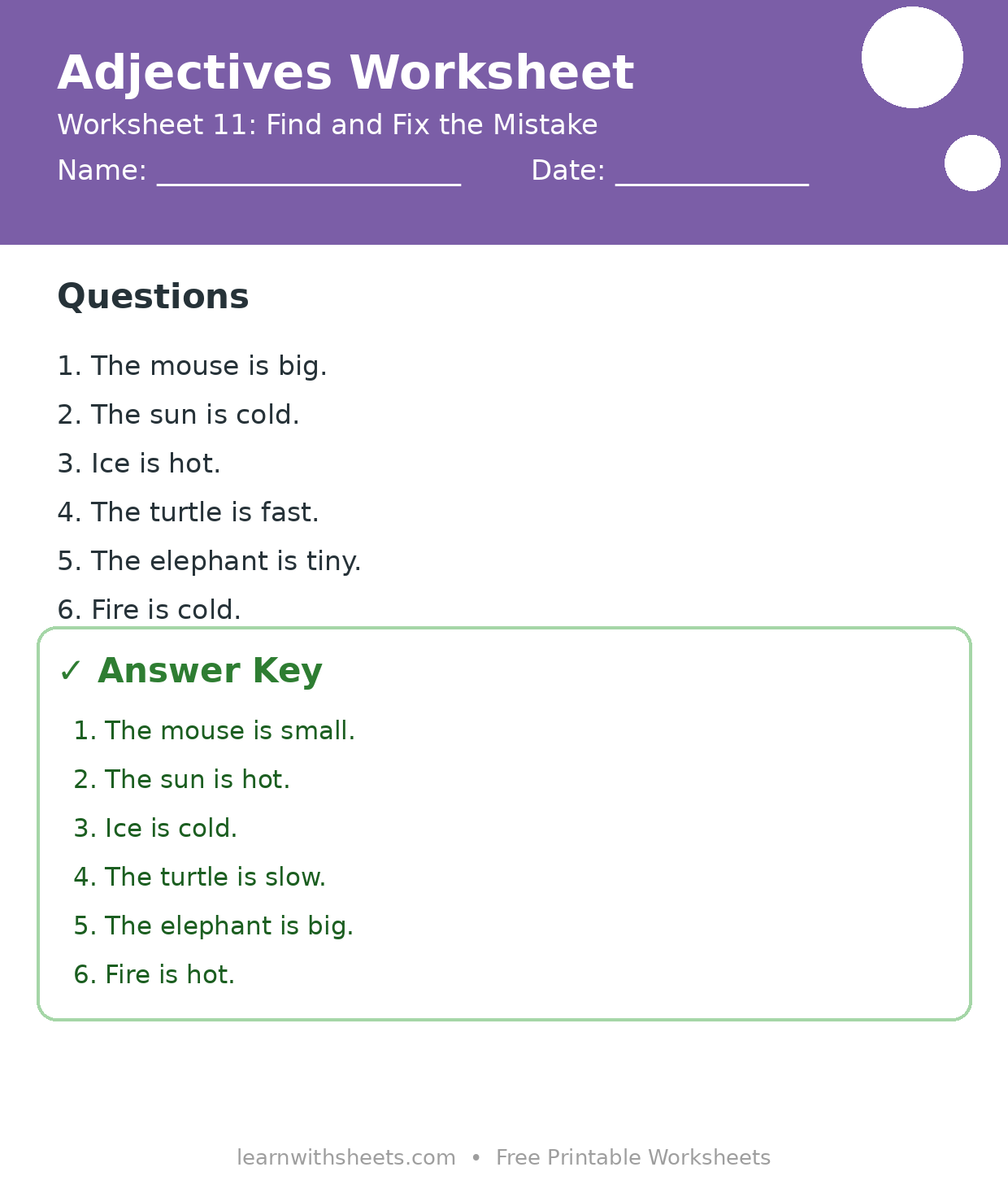 Printable adjectives worksheet 11: Find and Fix the Mistake with questions and answer key