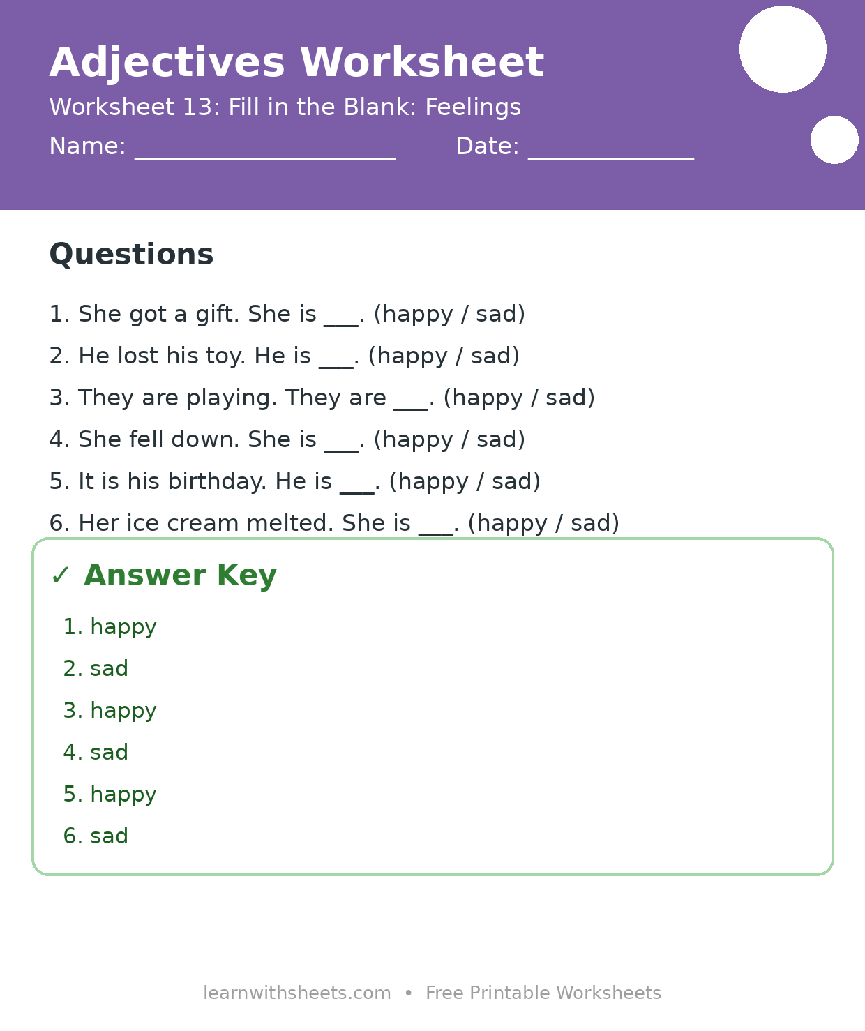 Printable adjectives worksheet 13: Fill in the Blank: Feelings with questions and answer key
