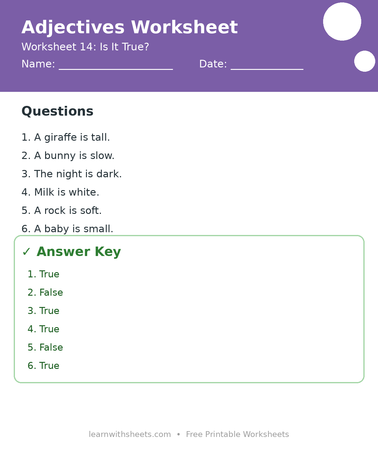 Printable adjectives worksheet 14: Is It True? with questions and answer key