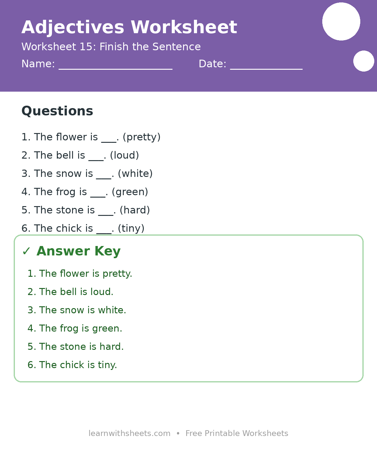 Printable adjectives worksheet 15: Finish the Sentence with questions and answer key