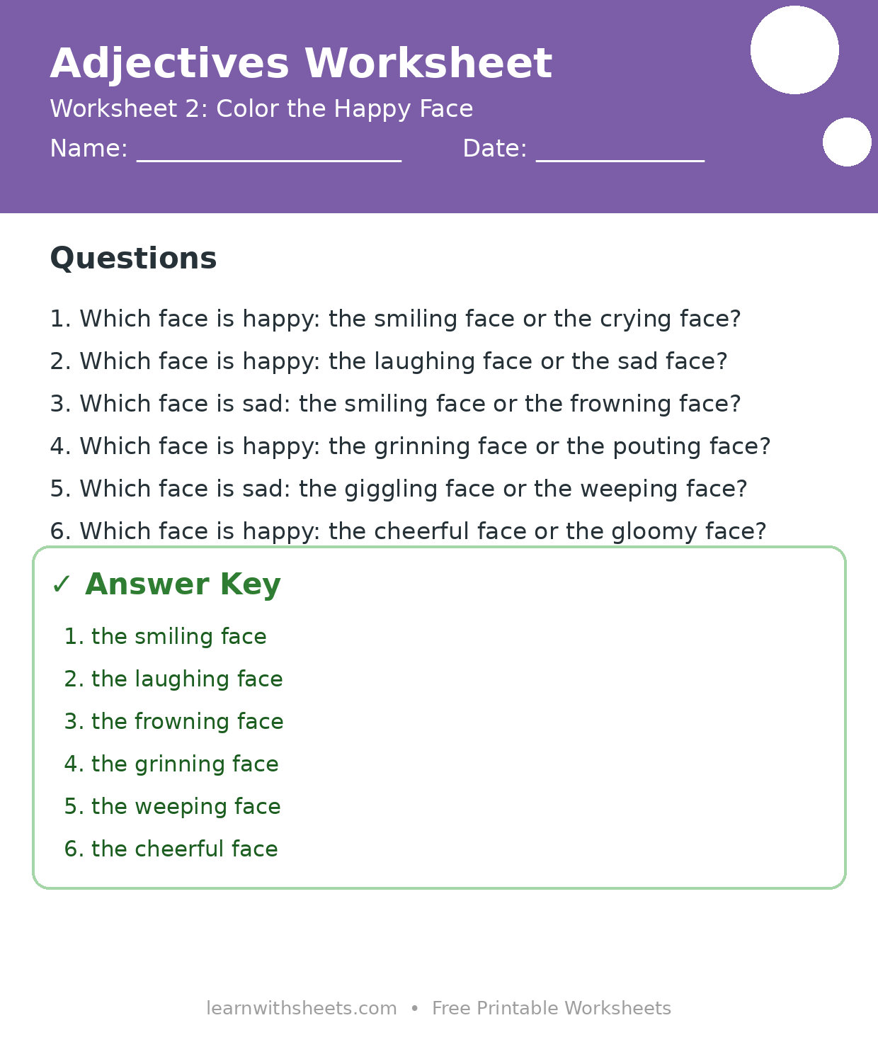 Printable adjectives worksheet 2: Color the Happy Face with questions and answer key