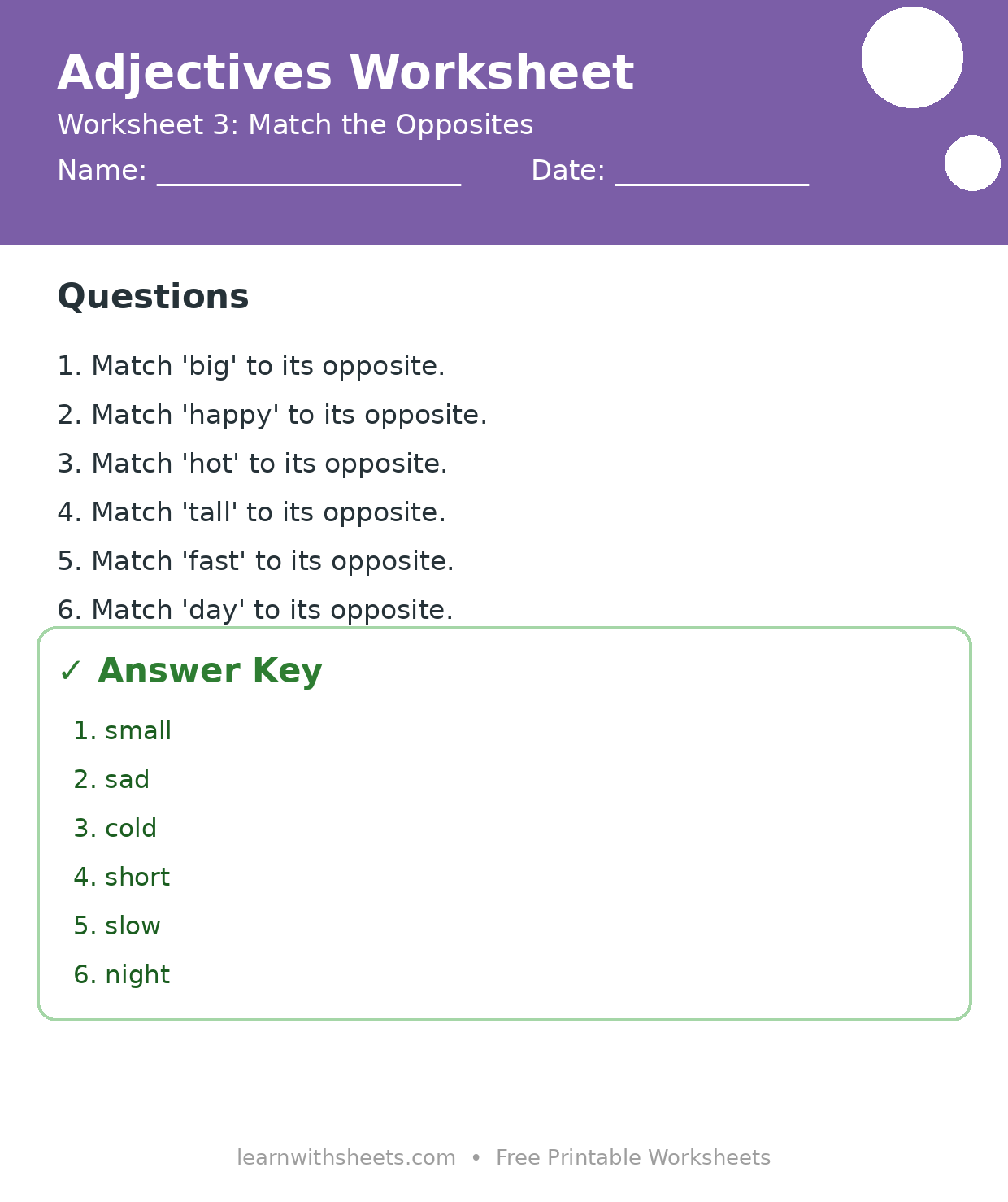 Printable adjectives worksheet 3: Match the Opposites with questions and answer key