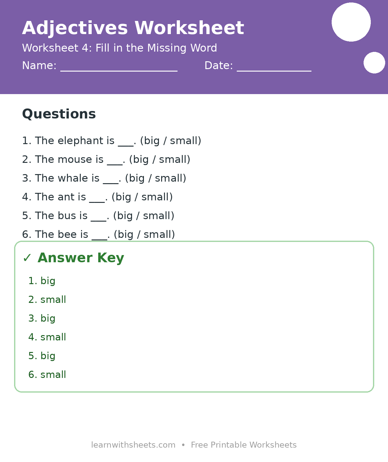 Printable adjectives worksheet 4: Fill in the Missing Word with questions and answer key