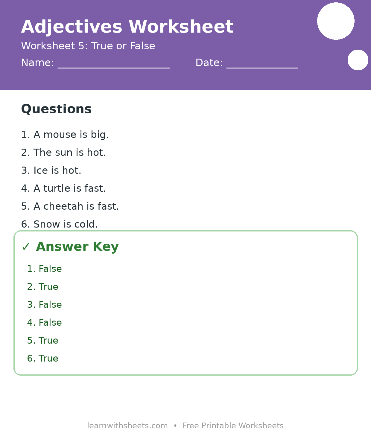 Printable adjectives worksheet 5: True or False with questions and answer key