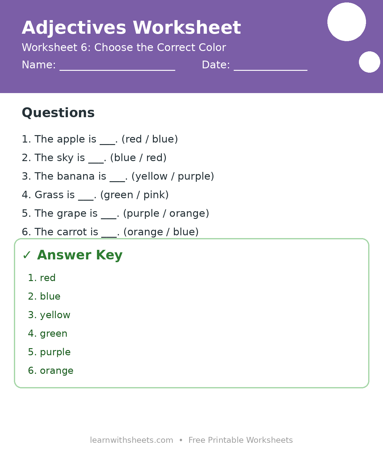 Printable adjectives worksheet 6: Choose the Correct Color with questions and answer key