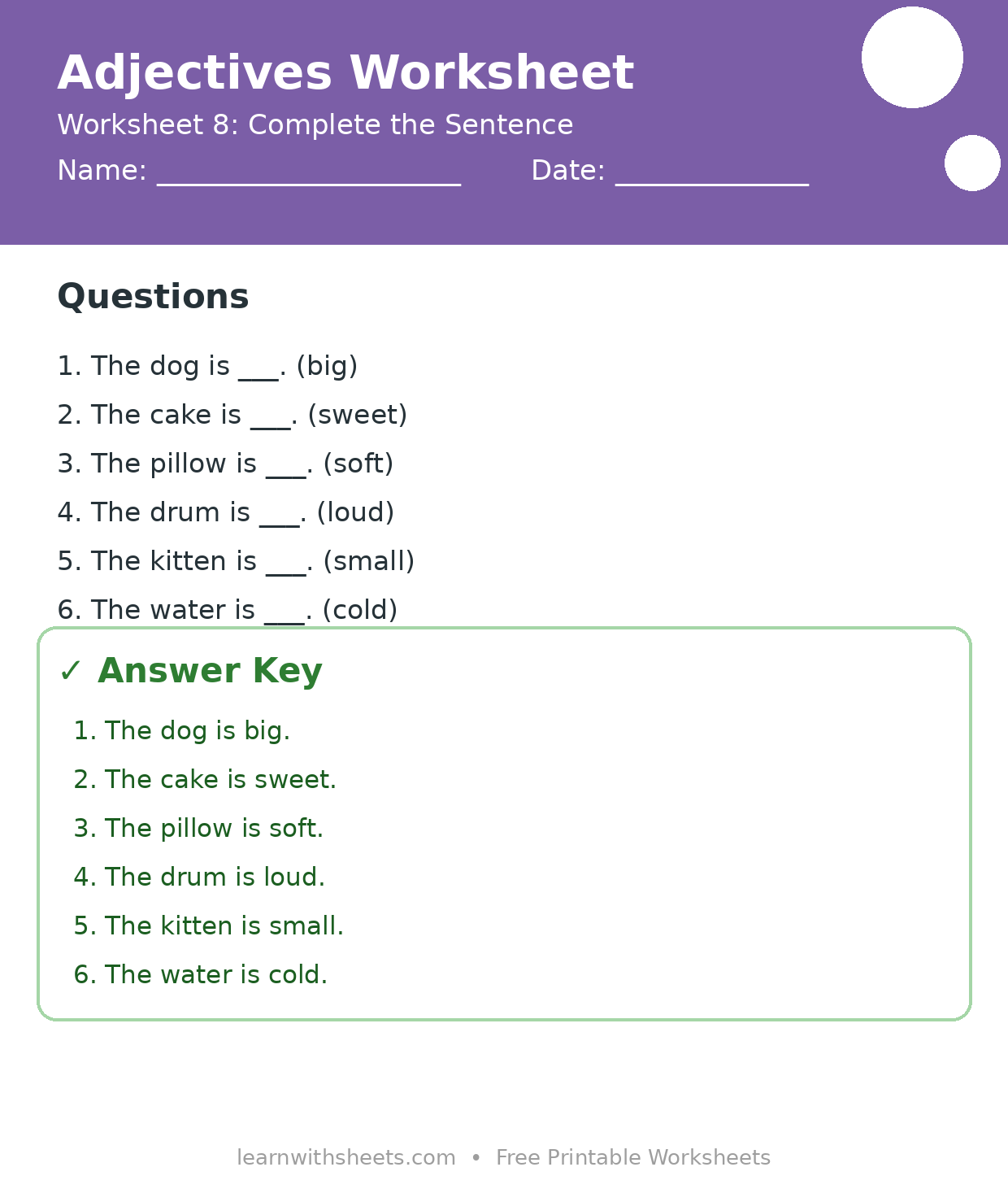 Printable adjectives worksheet 8: Complete the Sentence with questions and answer key