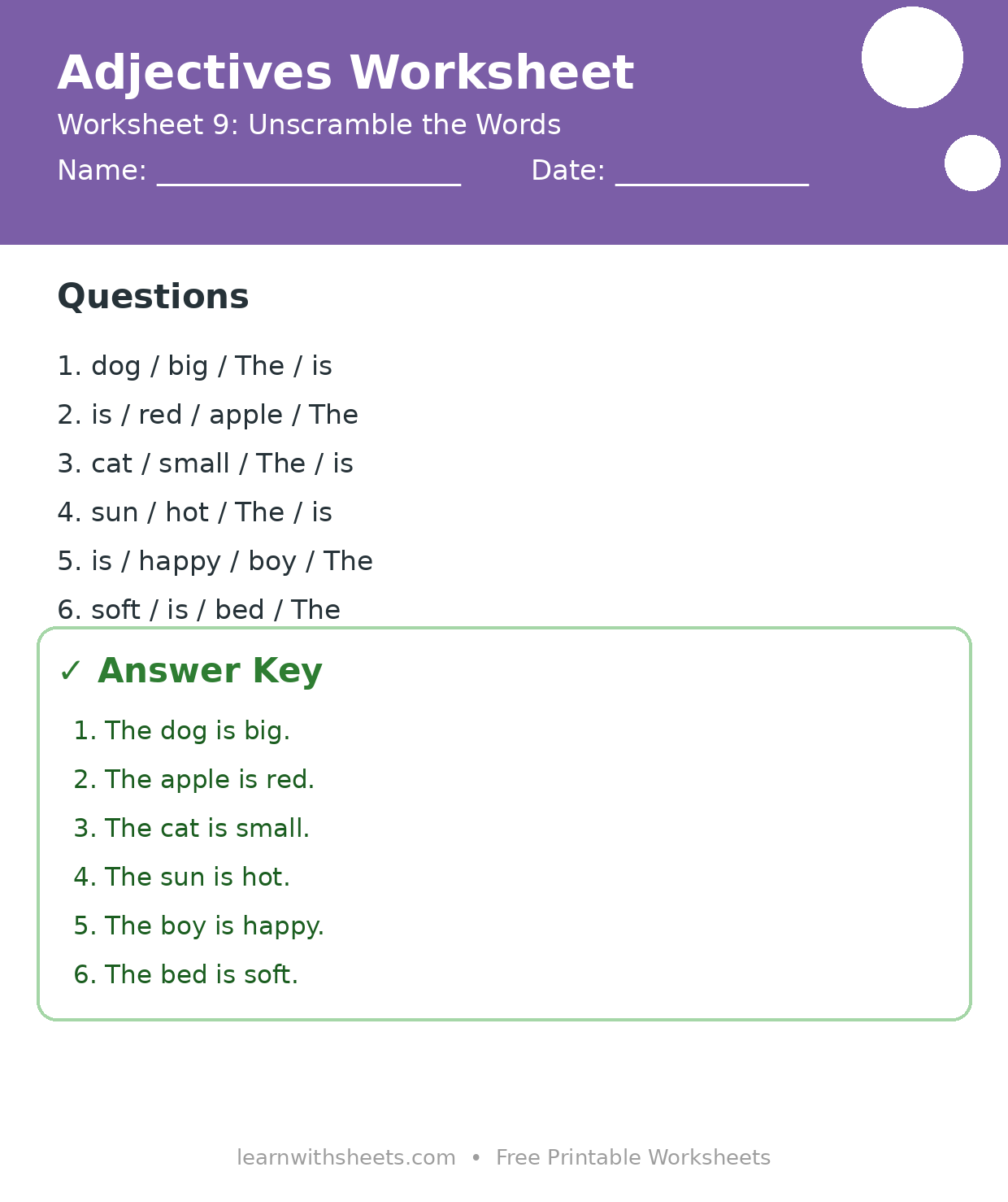Printable adjectives worksheet 9: Unscramble the Words with questions and answer key